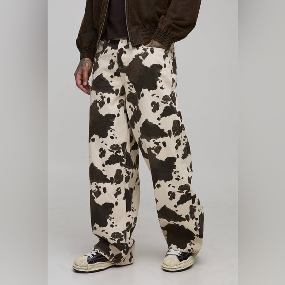 Boohooman Other - BoohooMAN Tall Washed Baggy Fit Cow Print Jeans